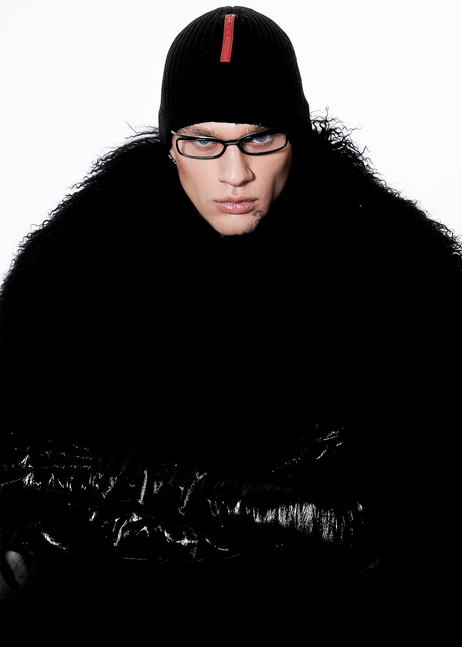 Portrait — menswear, black fur and beanie